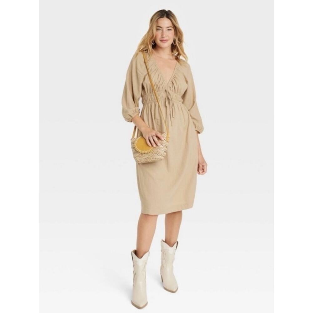 Universal Thread Linen Blend Tie-Front Puff Sleeve Midi Dress in Tan Women's L